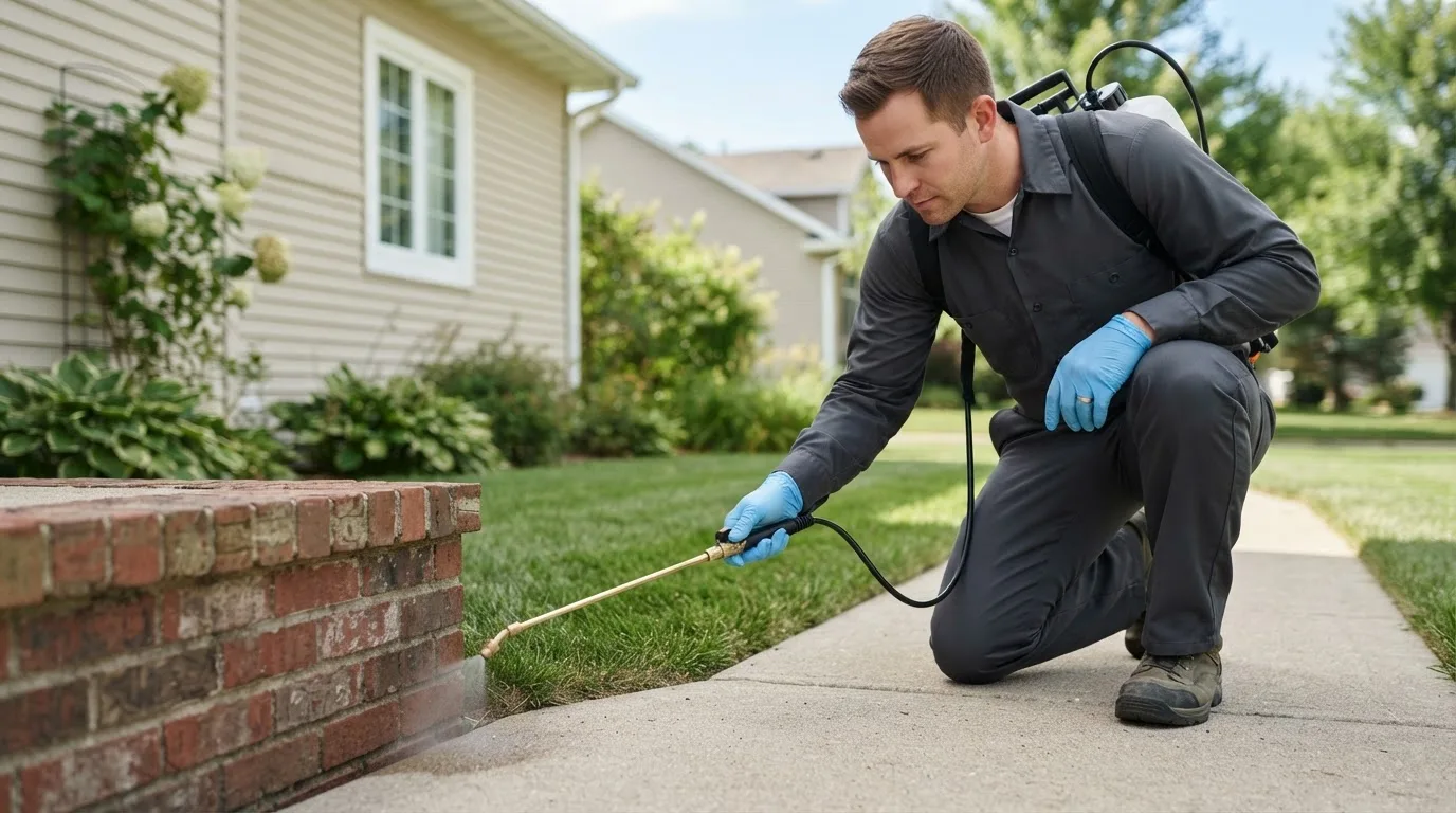 Pest control technician treating a home near Hoyleton, IL